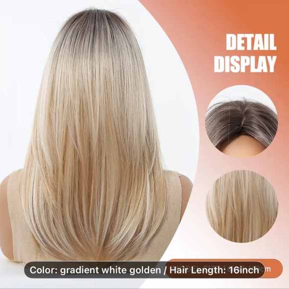 16” Elegant Gradient White-Golden with graying roots layered Synthetic Wig, - Picture 3 of 6